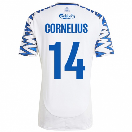 Kandiny Enfant Maillot Andreas Cornelius #14 Blanc Bleu Ciel Tenues Domicile 2024/25 T-Shirt