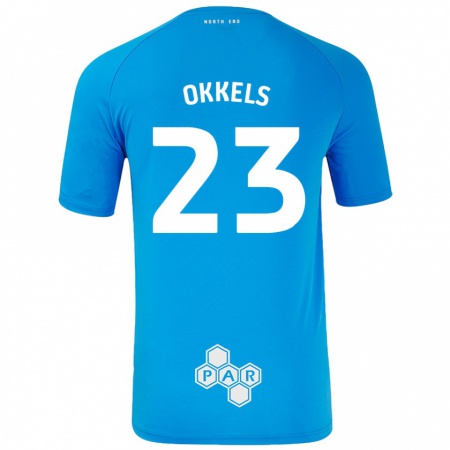 Kandiny Enfant Maillot Jeppe Okkels #23 Bleu Ciel Tenues Extérieur 2024/25 T-Shirt