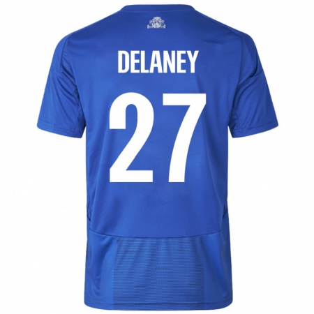 Kandiny Enfant Maillot Thomas Delaney #27 Blanc Bleu Tenues Extérieur 2024/25 T-Shirt