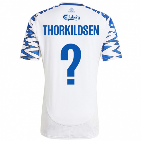 Kandiny Homme Maillot Elias Thorkildsen #0 Blanc Bleu Ciel Tenues Domicile 2024/25 T-Shirt